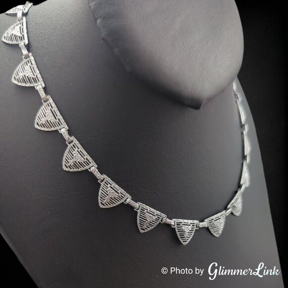 Art Deco P.S. Co. Rhodium Plated Filigree Necklace – 1930s Floral Links 19" - Picture 2 of 14